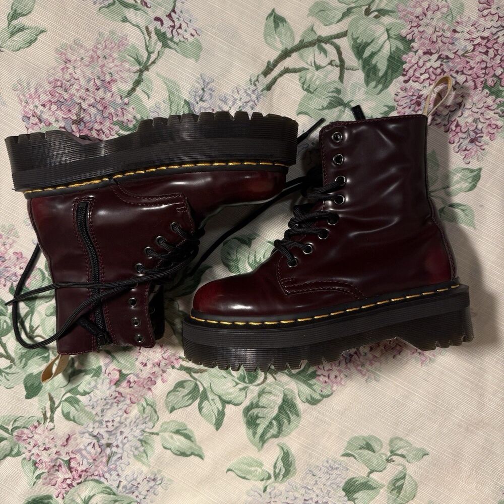 Dr. Martens Burgundy Leather Combat Ankle Boots Lace-Up Side Zip Round Toe